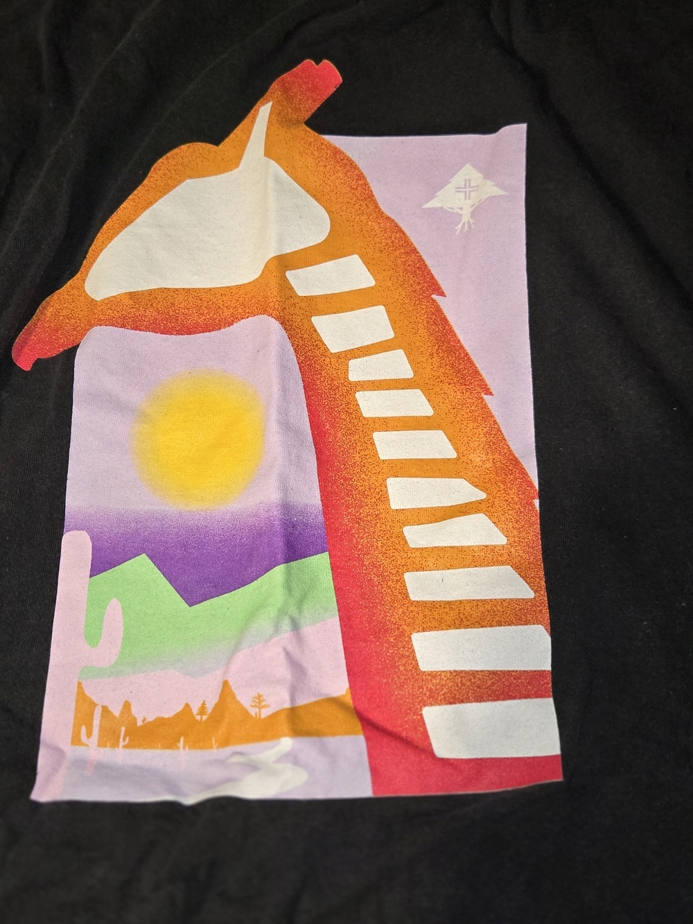 Lrg Black Tee with Orange, Red, White and Purple Giraffe Graphic